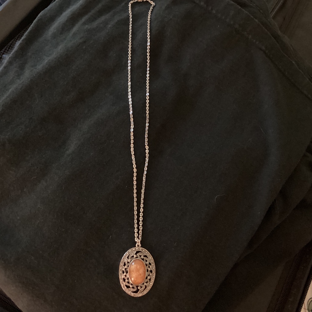 Peach Moonstone Vintage Sfj Pendant Silver Tone Chain